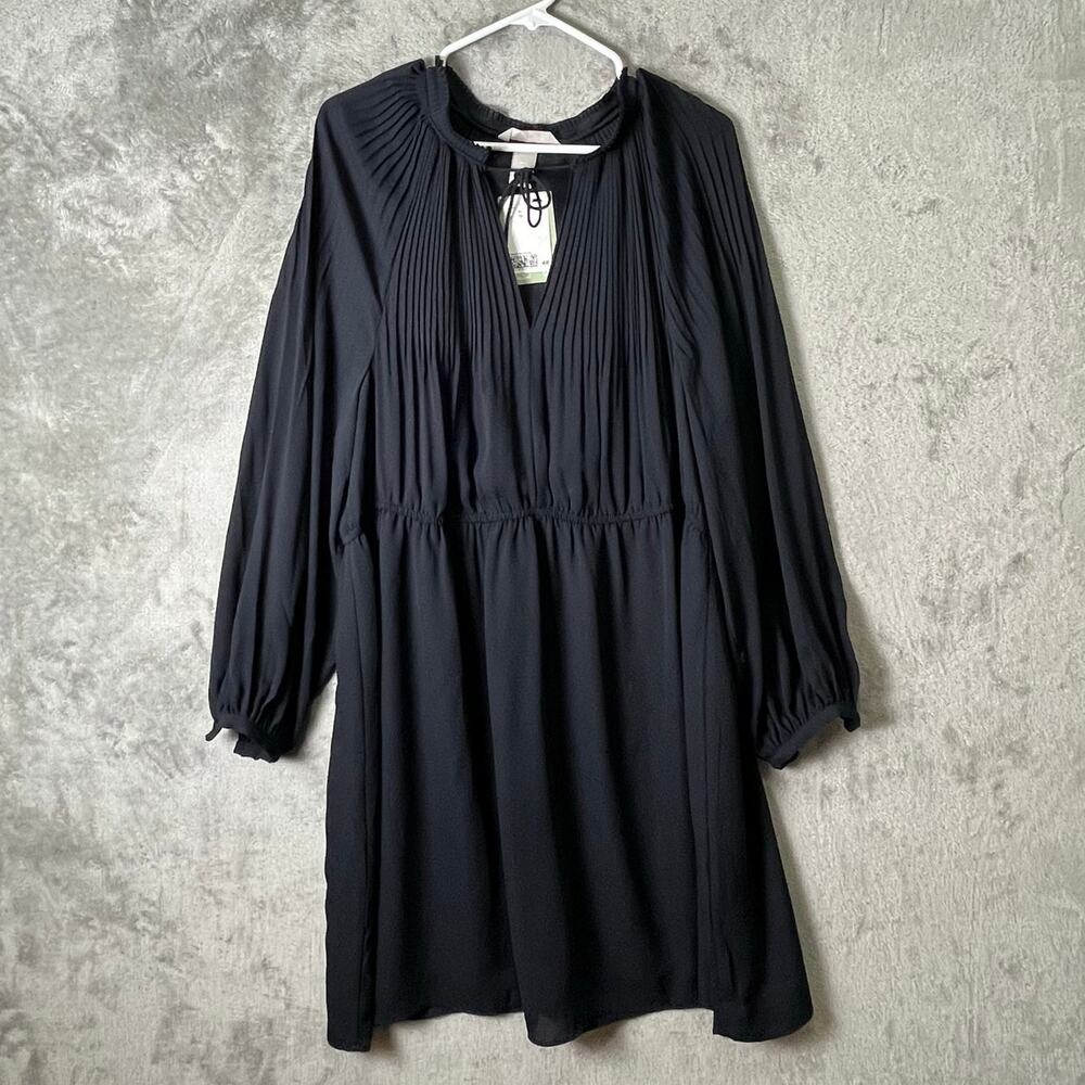 H&M Black Pleated Yoke Mini Dress Long Sleeve Boho Babydoll Flowy XL NEW